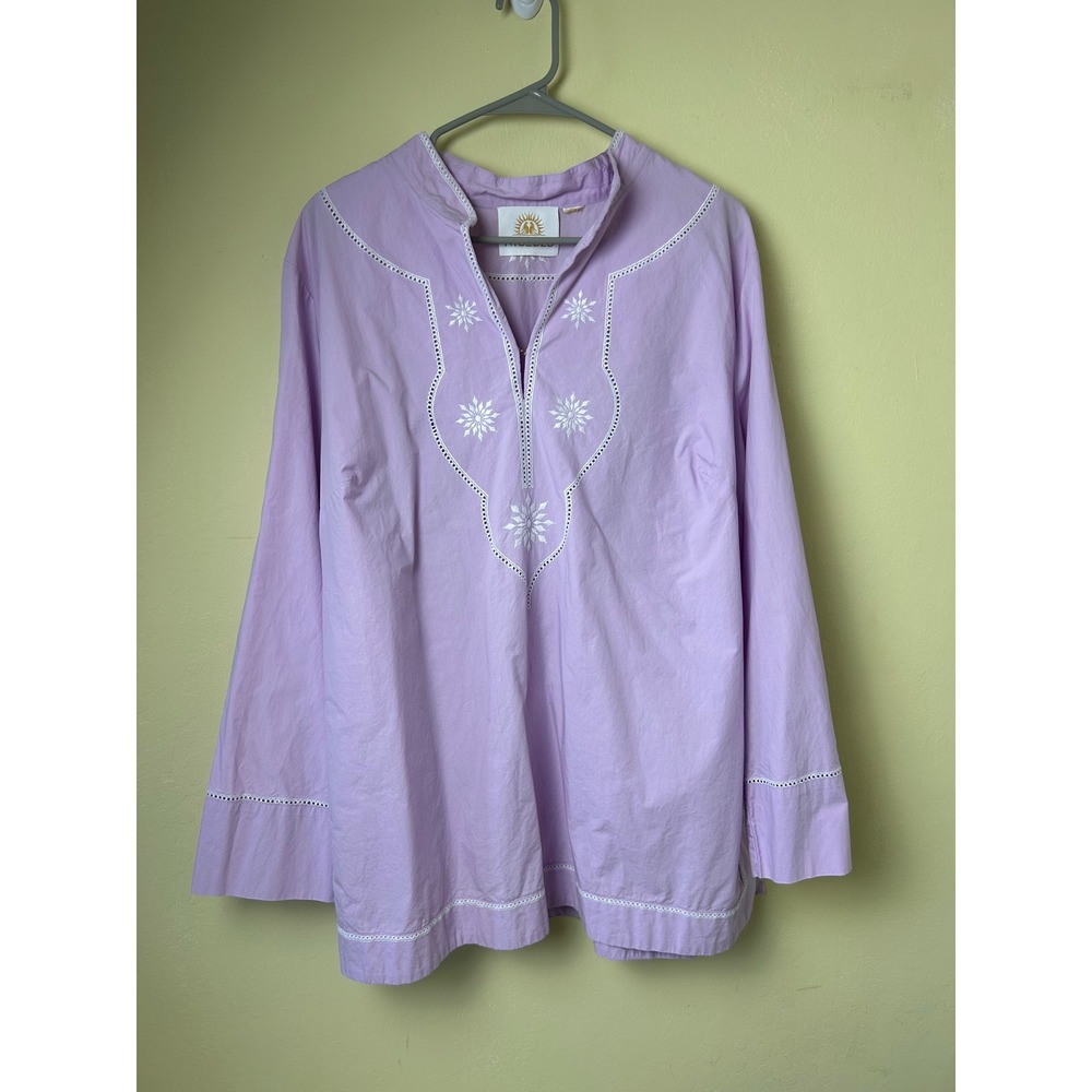 NicoBlu Lavender Purple Cotton Tunic Top White Embroidery Eyelet Lace Trim L